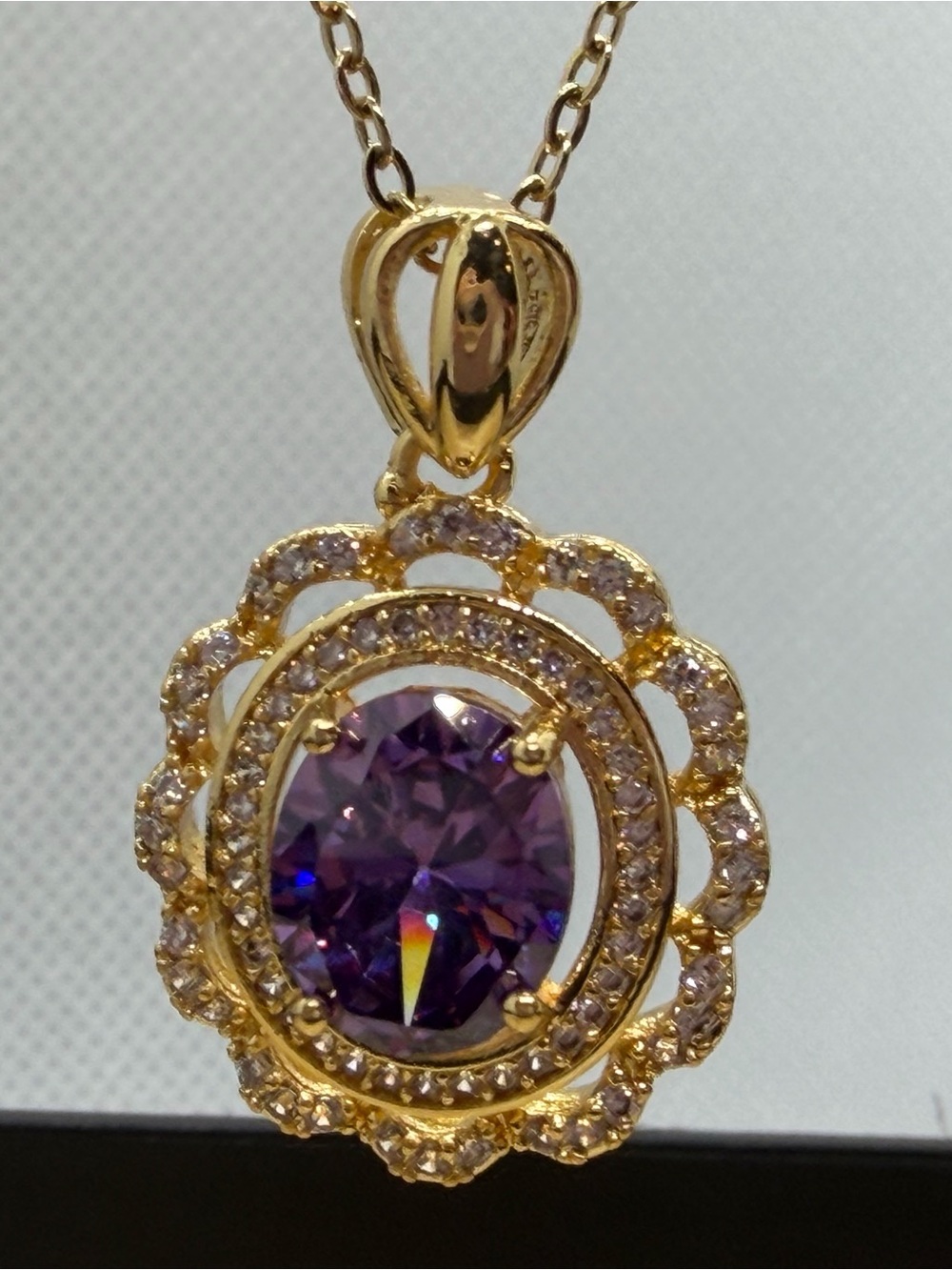 Gold Pendant Necklace with Purple Crystal Halo - Elegant Women's Jewelry - Picture 2 of 5